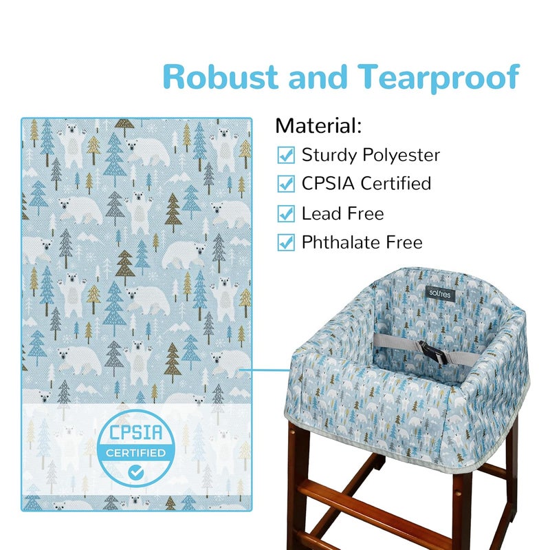 Solfres Dual-Belt Baby High Chair Cover, Upgrade Version, for Wooden or Restaurant High Chair, Sturdy and Robust Material, Waterproof Washable Stain and Slip Resistant, Blue Polar Bear - Image 4
